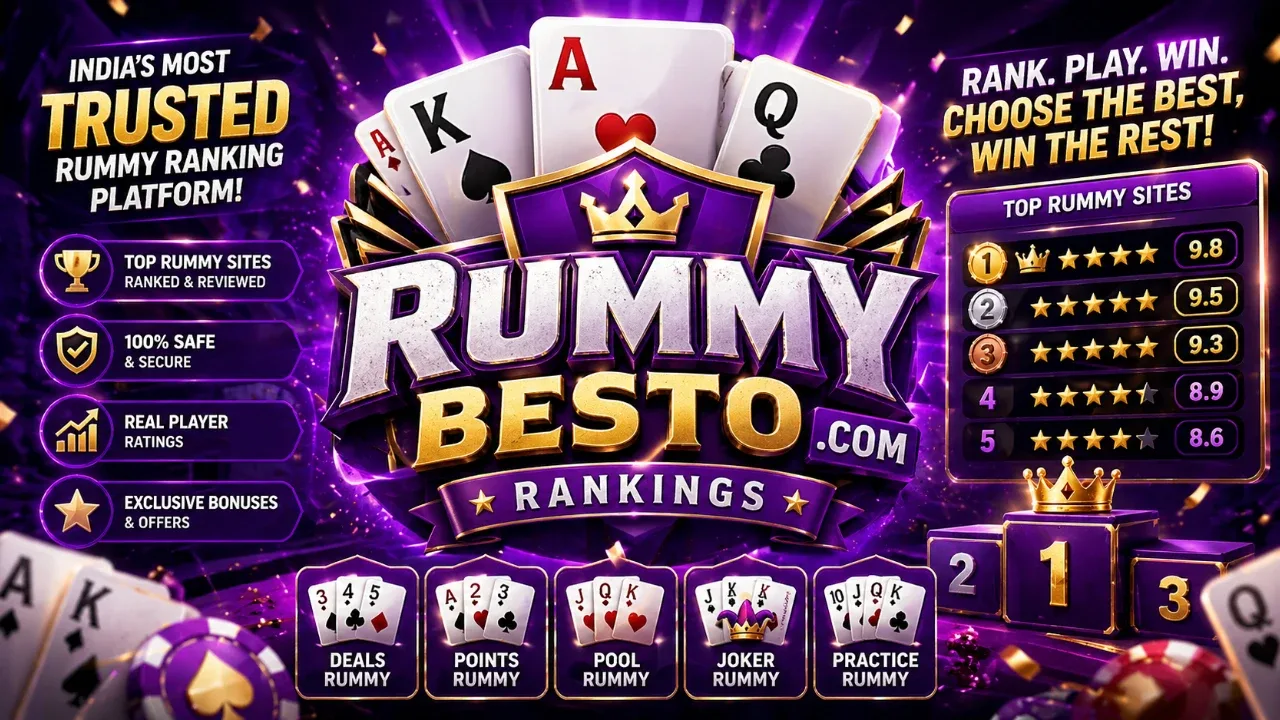 RummyBesto trust slide — violet gradient panels, gold highlights, clean type, editorial grid motif, no CTAs or operator logos